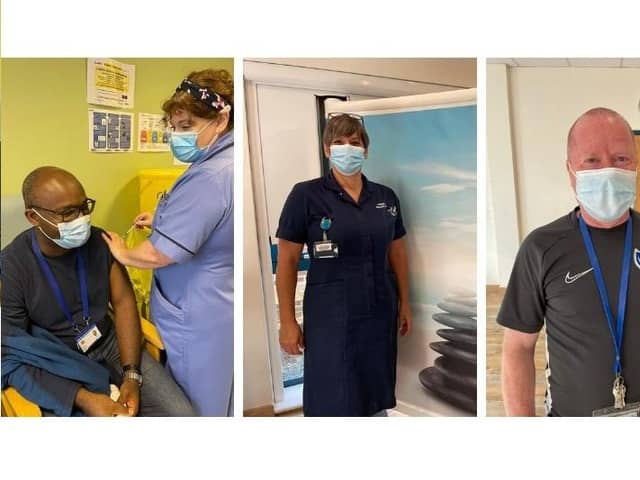 Staff at QA getting their Covid booster jabs. Pictured: consultant Ike, stroke nurse Lisa and Anthony from the sterilisation and disinfection unit. Picture: PHU