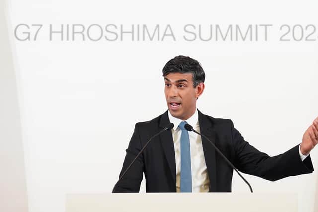 British Prime Minister Rishi Sunak speaks during a press conference following the G7 summit on May 21, 2023 in Hiroshima, Japan. The G7 summit will be held in Hiroshima from 19-22 May. Picture: Stefan Rousseau - WPA Pool/Getty Images.