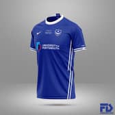 Again a more contemporary look to this design with a double white strip down the side - and a round neck like the Asics kit Pompey wore in the mid 90s.