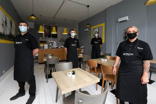 Staff, from left, Sean Roberts, Oakley Cranston, owner Shaun Carter and Maria Fletcher. Opening of Milton Perk Coffee House, Milton Rd. Picture: Chris Moorhouse (jpns 190621-07)