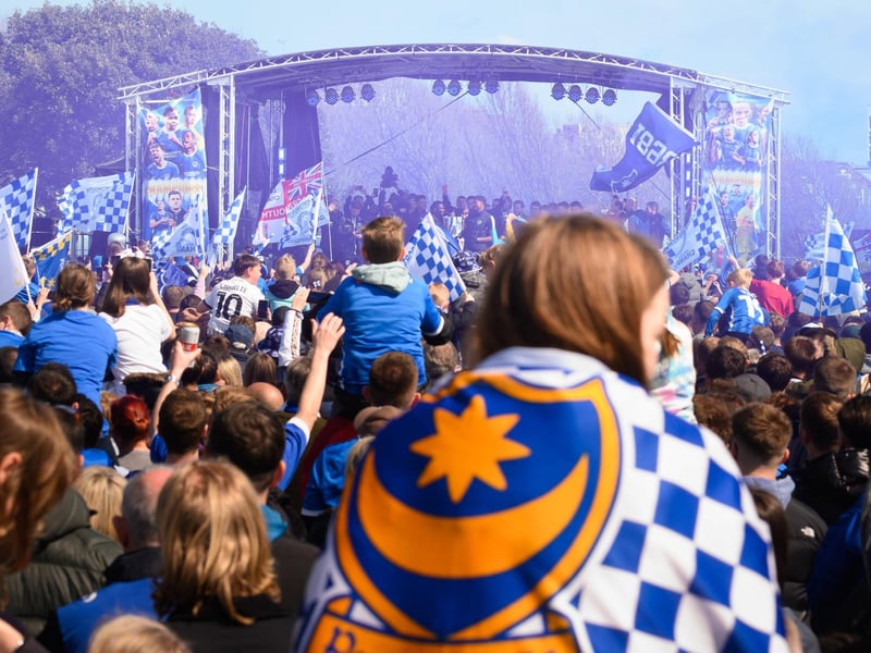 Pictured is: Pompey Supporters  celebrate with the players on the stagePicture: Keith Woodland (280421-499)