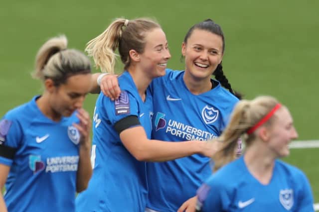 Ava Rowbotham, left, grabbed her first Pompey goal. Picture by Dave Haines