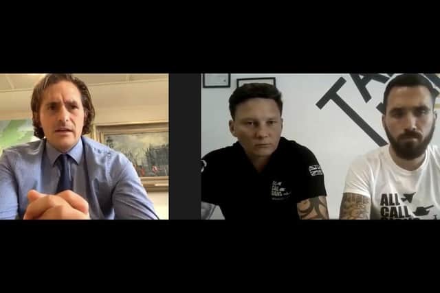 Veterans minister Johnny Mercer, left, pictured with All Call Signs founders Dan Arnold, middle, and Stephen James, right, during an online interview.