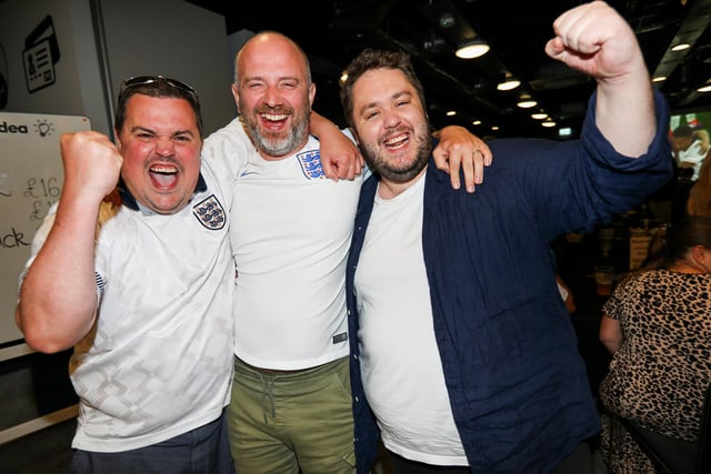 Celebrations at full-time. Fans watch Netherlands v England, UEFA Euros 2024 semi-final played in Dortmund, at Village Hotel, Lakeshore Drive, Cosham
Picture: Chris Moorhouse (100724-111)