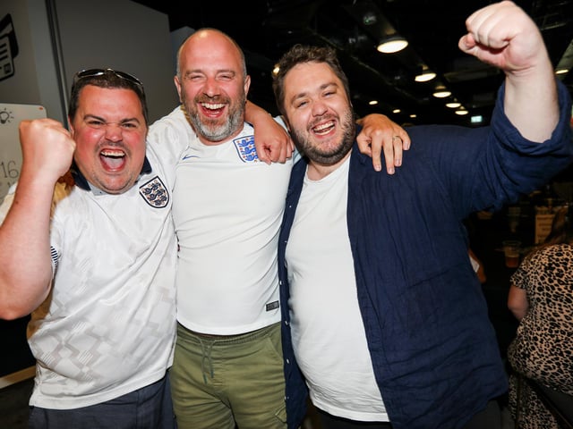 Celebrations at full-time. Fans watch Netherlands v England, UEFA Euros 2024 semi-final played in Dortmund, at Village Hotel, Lakeshore Drive, CoshamPicture: Chris  Moorhouse (100724-111)