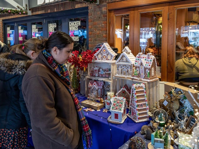 Traditional gingerbread houses on sale at Port Solent. Picture: Mike Cooter (091223)