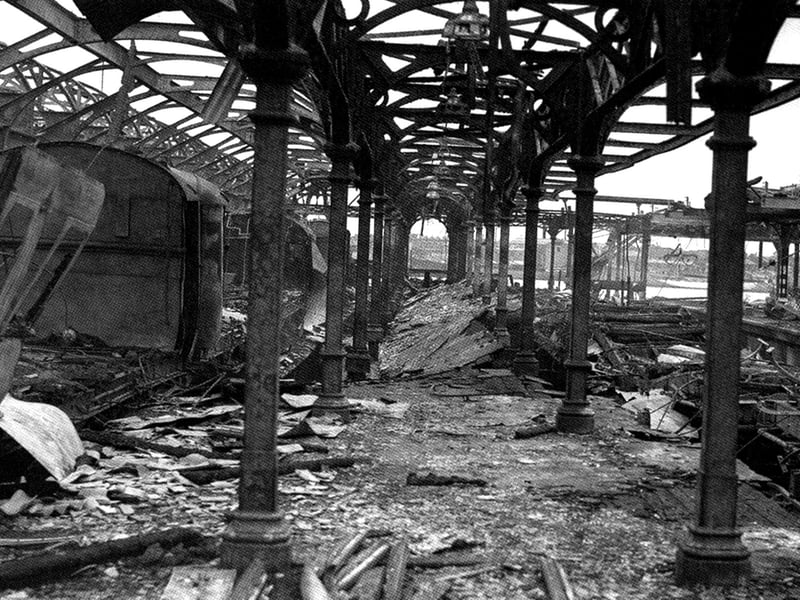 The devestation caused to the Harbour Station after being blitzed during the war. This view looking towards Gosport on August 13 1940 shows why the station was closed for such a time.