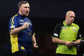 Luke Littler celebrates during darts' world final against Michael van Gerwen. Picture by Taylor Lanning/PDC.