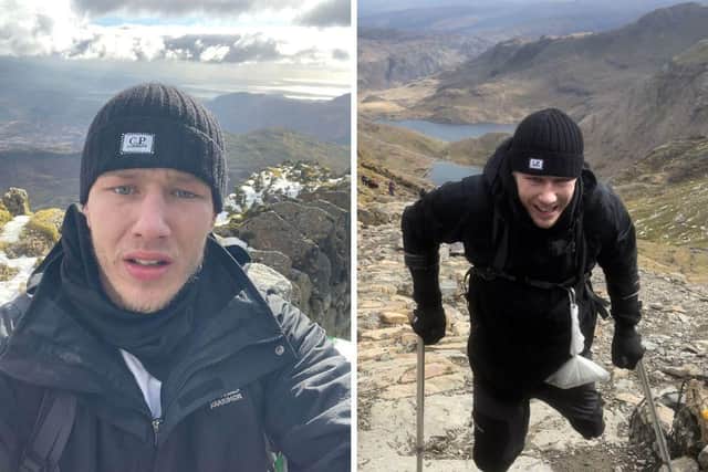 Amputee Matt Edwards, 24, from Portsmouth, as he used crutches to hike to the summit of Snowdon, during a charity climb to raise money for the Stillbirth and Neonatal Death Charity (Sands). The boxing coach, vowed to raise funds for the charity after his brother-in-law, Callum, went through a stillbirth in 2022. Picture: Matt Edwards/PA.