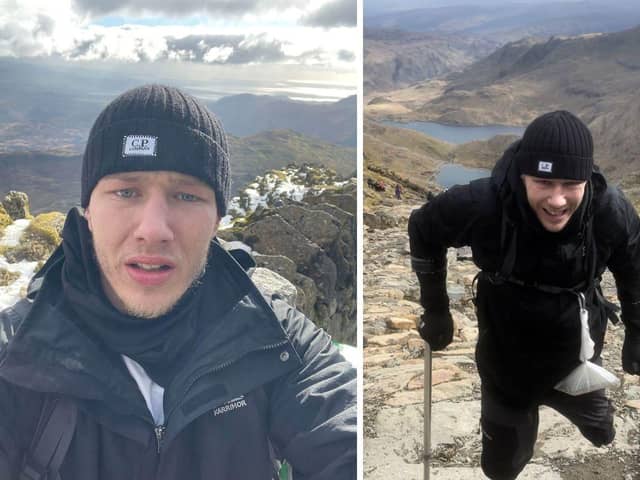 Amputee Matt Edwards, 24, from Portsmouth, as he used crutches to hike to the summit of Snowdon, during a charity climb to raise money for the Stillbirth and Neonatal Death Charity (Sands). The boxing coach, vowed to raise funds for the charity after his brother-in-law, Callum, went through a stillbirth in 2022. Picture: Matt Edwards/PA.