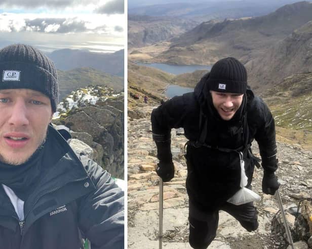 Amputee Matt Edwards, 24, from Portsmouth, as he used crutches to hike to the summit of Snowdon, during a charity climb to raise money for the Stillbirth and Neonatal Death Charity (Sands). The boxing coach, vowed to raise funds for the charity after his brother-in-law, Callum, went through a stillbirth in 2022. Picture: Matt Edwards/PA.