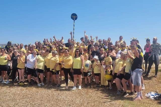 Hundreds of people dressed as bees walked from Havant Park to Hayling Island to raise money for a mother who has terminal bowel cancer.