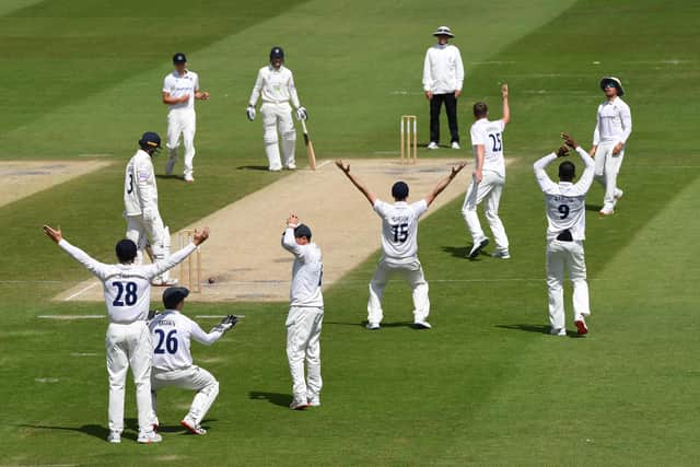 Ollie Robinson and his Sussex team mates have a huge appeal for lbw against Felix Organ turned down during the third day of the Bob Willis Trophy match at Hove. Photo by Mike Hewitt/Getty Images.