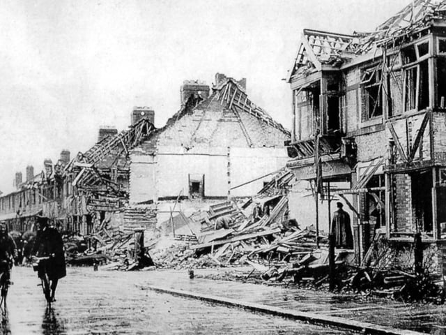 The result of a V1 landing in Milton at the junction of Locksway Road and Meryl Road. The postbox remains in situ to this day.