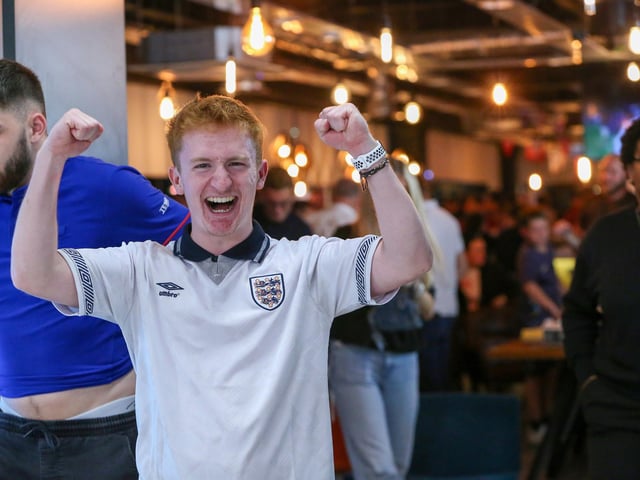 Celebrations at full-time. Fans watch Netherlands v England, UEFA Euros 2024 semi-final played in Dortmund, at Village Hotel, Lakeshore Drive, CoshamPicture: Chris  Moorhouse (100724-109)