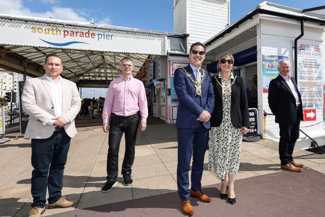 From left, App designers Paul Cramp and Anthony Clarke, Lord Mayor of Portsmouth Cllr Rob Wood, Lady Mayoress Debra Wood and CEO Shaping Portsmouth Stef Nienaltowski. Picture: Chris Moorhouse  (310820-09)