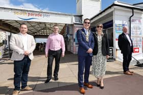 From left, App designers Paul Cramp and Anthony Clarke, Lord Mayor of Portsmouth Cllr Rob Wood, Lady Mayoress Debra Wood and CEO Shaping Portsmouth Stef Nienaltowski. Picture: Chris Moorhouse  (310820-09)