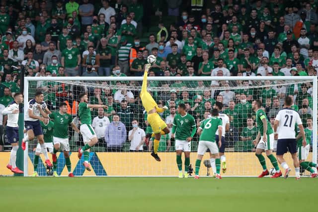 Gavin Bazunu makes a save during the 2022 FIFA World Cup Qualifying match at Aviva Stadium, Dublin.    Picture date: Tuesday September 7, 2021.   PA Photo. See PA story SOCCER Republic. Photo credit should read: Niall Carson/PA Wire. 

RESTRICTIONS: Use subject to restrictions. Editorial use only, no commercial use without prior consent from rights holder.