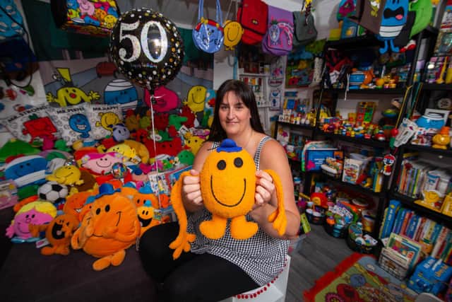Michelle Martinez with her Mr Men memorabilia and Mr Tickle at her home in Waterlooville. Picture: Habibur Rahman