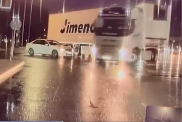 Screenshot of dash-cam footage showing a lorry making a dangerous U-turn on a busy Portsmouth junction. Picture: Kate Tyrrell