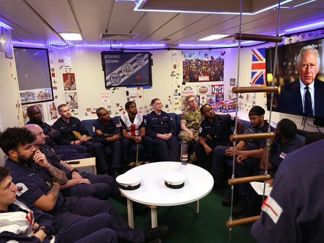 In September 2022 HMS Queen Elizabeth's ships company watches the Speech of HM King Charlies III in his first TV appearance.