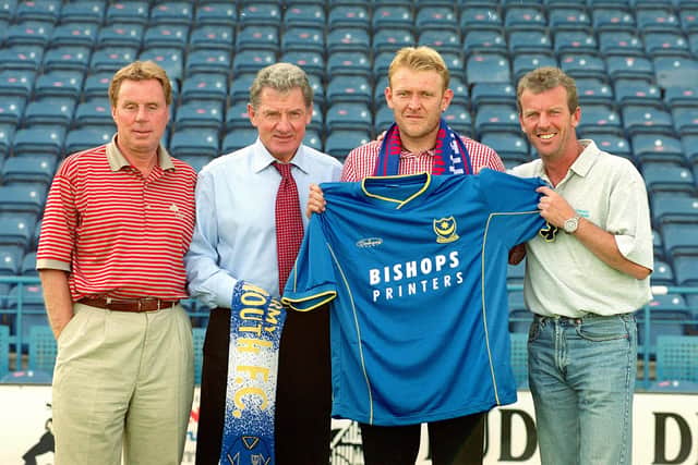 Harry Redknapp, Milan Mandaric and Graham Rix welcome Robert Prosinecki to Fratton Park. Picture Allan Hutchings