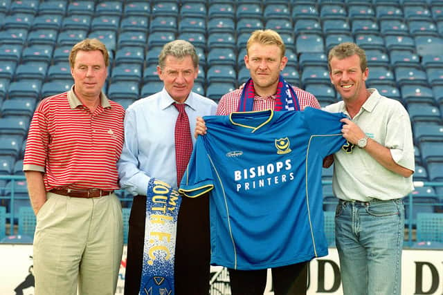 Harry Redknapp, Milan Mandaric and Graham Rix welcome Robert Prosinecki to Fratton Park. Picture Allan Hutchings