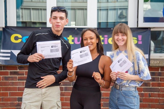From left: Ethan Molloy - A, B,A, - Maisie Kithakye -A* and 2 As, and Katie Burns - A*, A,B, at Portsmouth College, Tangier Road
Picture: Habibur Rahman