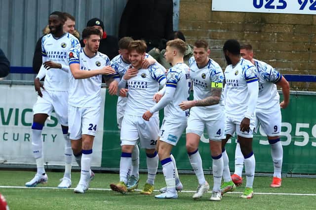 Hawks celebrate Charlie Ruff's opener in their 3-0 win over Chelmsford last weekend. Picture by Dave Haines