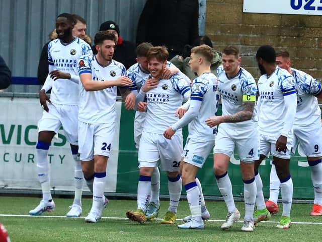 Hawks celebrate Charlie Ruff's opener in their 3-0 win over Chelmsford last weekend. Picture by Dave Haines