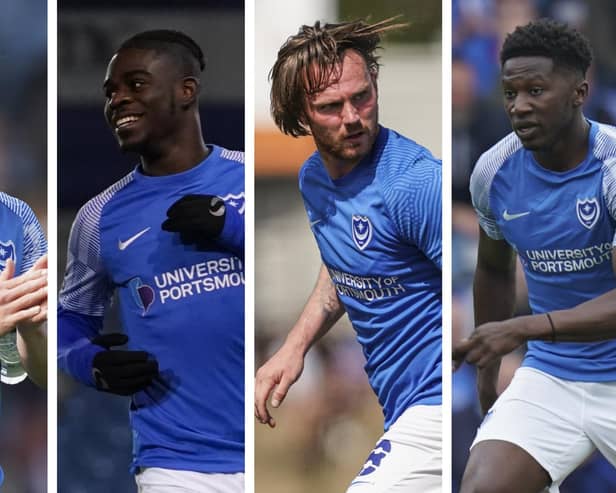 From left, Michael Jacobs, Jay Mingi. Di'Shon Bernard and Ryan Tunnicliffe left Pompey this summer.