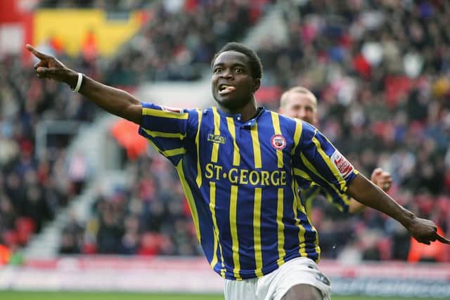 Sam Sodje of Brentford celebrates scoring against Southampton in the FA Cup in February 2005. Picture: Richard Heathcote/Getty Images