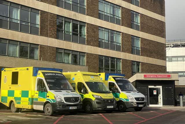 Ambulances are seen outside A&E at Queen Alexandra Hospital on December 31, 2020 in Portsmouth, Photo by Finnbarr Webster/Getty Images