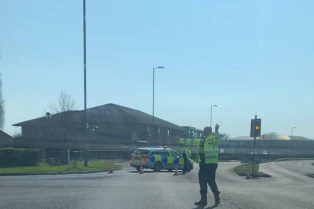 Police cordon off part of Petersfield Road in Havant, opposite the HSDC campus, after a crash where a cyclist died.