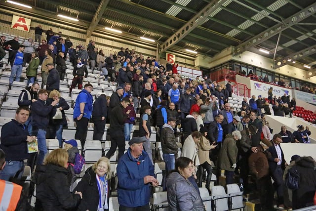 Portsmouth fans during the EFL Sky Bet League 1 match between Morecambe and Portsmouth at the Globe Arena, Morecambe, England on 12 November 2022.