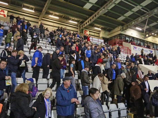 Portsmouth fans during the EFL Sky Bet League 1 match between Morecambe and Portsmouth at the Globe Arena, Morecambe, England on 12 November 2022.