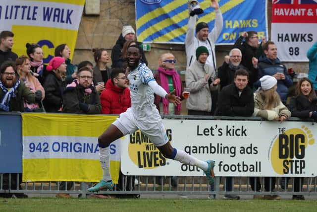Mo Faal celebrates giving Hawks the lead at Dulwich. Picture by Dave Haines