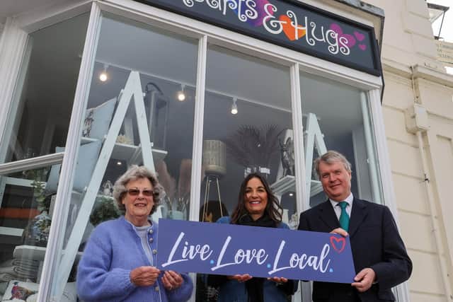 From left, Cllr Connie Hockley, Kimmy Sabey of Hearts & Hugs, Titchfield and Fareham Borough Council leader Sean Woodward launching the Live Love Local campaign Picture: Alex Shute