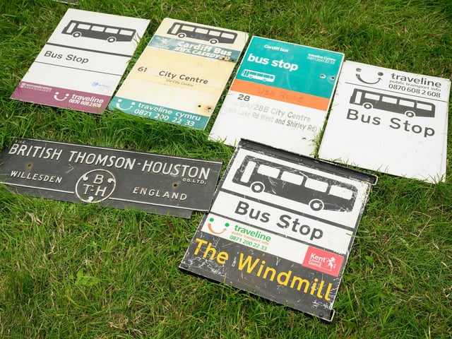 Pictured is: Antique bus stop signs.
Picture: Keith Woodland