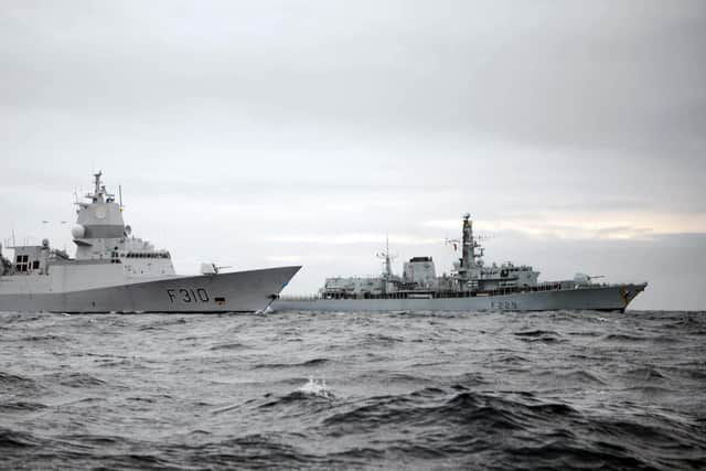 Norwegian Navy warship HNoMS Fridtjof Nansen, pictured front, supported by Portsmouth-based frigate HMS Lancaster in the Arctic Circle. Photo: Royal Navy