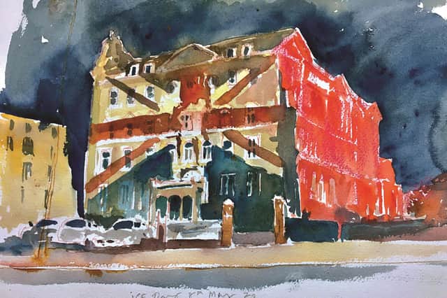 The Queens Hotel, Southsea, lit up for VE Day, painted by Kevin Dean