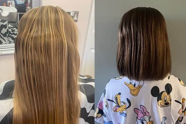 7-year-old Lexie Harding chops 13 inches of her long locks to donate to the Little Princess Trust.