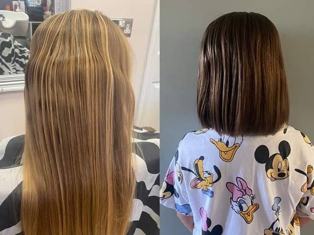 7-year-old Lexie Harding chops 13 inches of her long locks to donate to the Little Princess Trust.