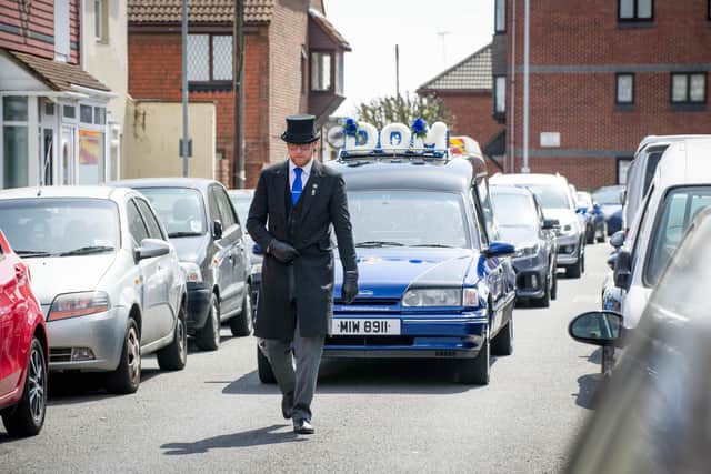 Dom Merrix's hearse arrives at Portsmouth Football Club via Frogmore Road, Portsmouth.
Picture: Habibur Rahman