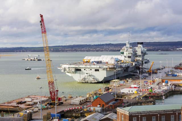 HMS Queen Elizabeth being worked on by BAE Systems at Portsmouth Naval Base. Photo: BAE Systems / Tobias Smith