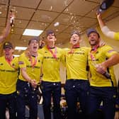 Hampshire celebrate their dramatic Vitality Blast final victory over Lancashire. Photo by Alex Davidson/Getty Images