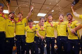 Hampshire celebrate their dramatic Vitality Blast final victory over Lancashire. Photo by Alex Davidson/Getty Images