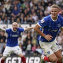 Colby Bishop celebrates his last-gasp leveller at Derby to secure a 1-1 draw. The striker has been touted as one of the best attacking aerial threats outside the Premier League. Picture: Jason Brown/ProSportsImages