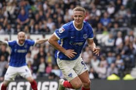 Colby Bishop celebrates his last-gasp leveller at Derby to secure a 1-1 draw. The striker has been touted as one of the best attacking aerial threats outside the Premier League. Picture: Jason Brown/ProSportsImages