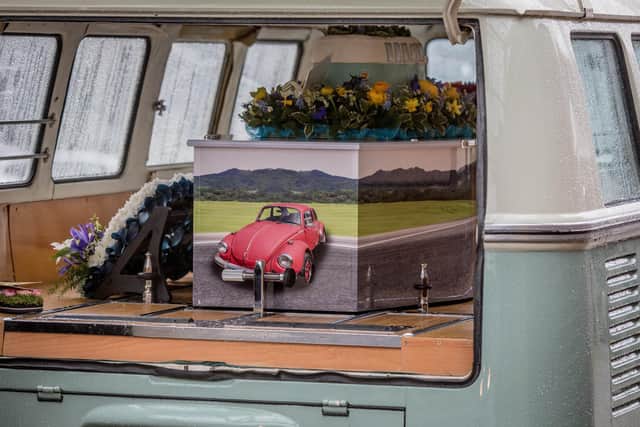 Mark Cockram's coffin decorated with Volkswagen Beetle pictures.
Picture: Habibur Rahman